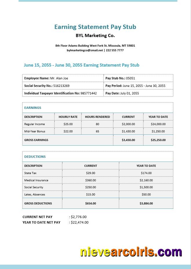 Earning Statement Pay Stub